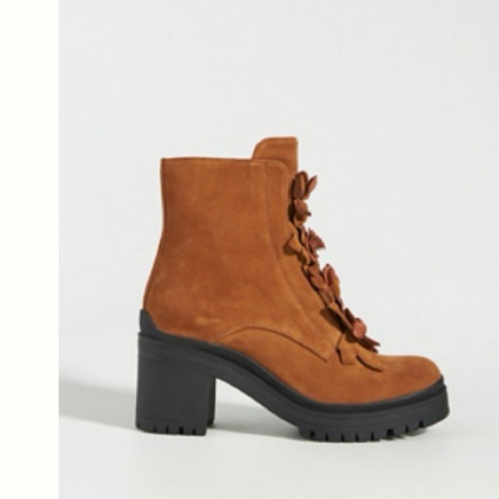 Anthropologie Tan Heeled Boots with Floral Detail